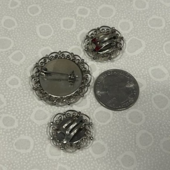 VTG Micro Mosaic Italy RED Glass Bead Flower EARRINGS BROOCH SET - Picture 8 of 8